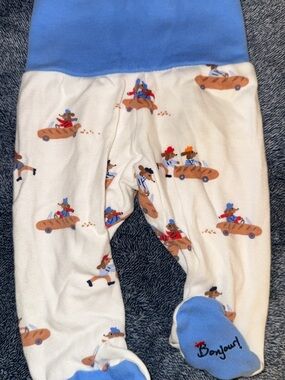 Magneticme Baby Footed Pants with 'Bonjour' Accent - Blue & Cream